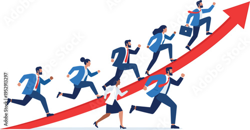 Business growth success illustration, team running upward arrow, corporate progress concept, career advancement, financial growth strategy,