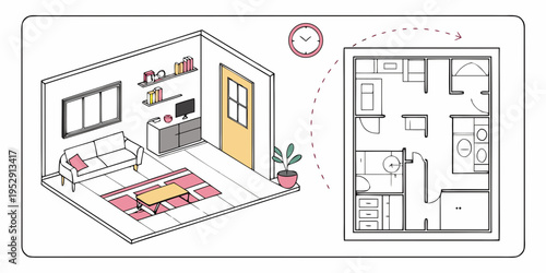 A detailed floor plan and 3d view of a modern apartment layout with various rooms