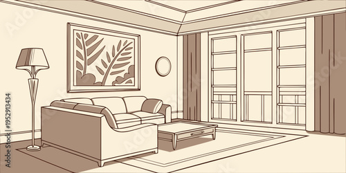 A cozy living room with a fireplace and a large window overlooking a garden