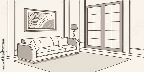 A cozy living room with a large window and a comfortable sofa