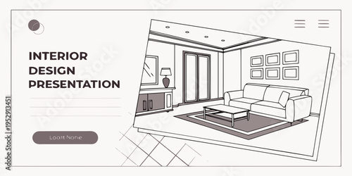 Interior design presentation showcasing a modern living room with a sofa and coffee table