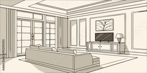 A spacious and elegantly decorated bedroom with large windows and a cozy seating area