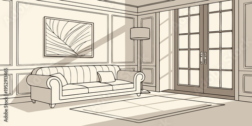 Elegant living room with large windows and a cozy fireplace