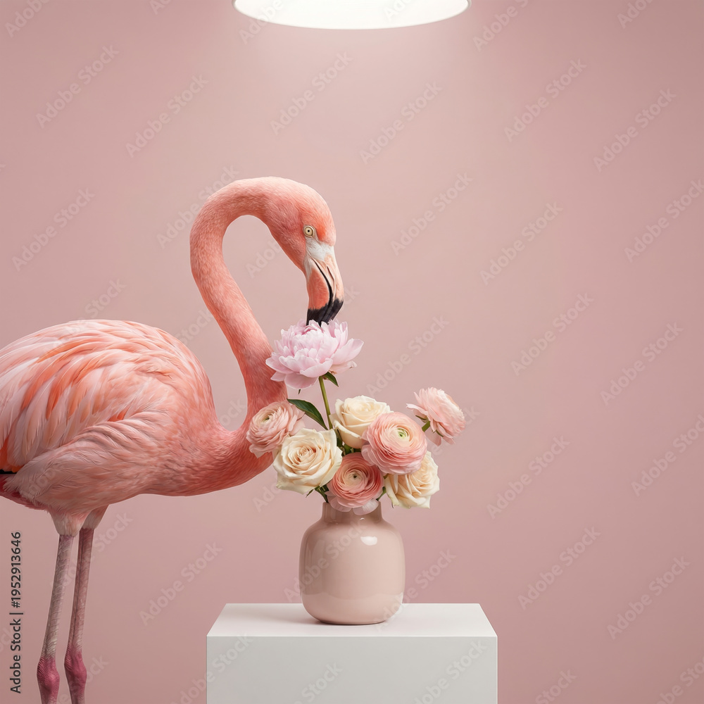 Naklejka premium Elegant pink flamingo with vibrant plumage gently smelling a delicate bouquet of light pink and cream ranunculus flowers in a small ceramic vase, standing on a clean white pedestal against a