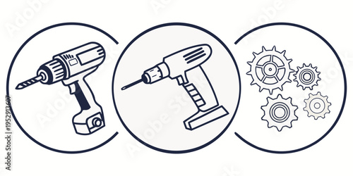 Three icons representing tools and mechanical components in a circular arrangement.