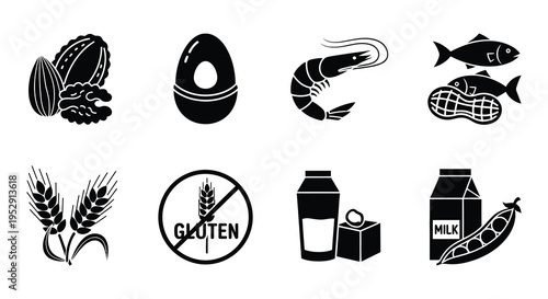Common food allergens depicted as simple black and white icons