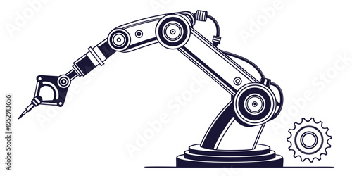 Intricate industrial robotic arm with a gear in the background