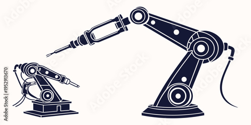 Two industrial robotic arms with different tools attached, one with a pen-like tool and the other with a gripper.