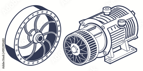 Two industrial mechanical components, a fan and a gear, illustrated in black and white.