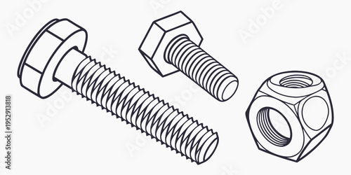 Three different types of bolts and nuts with hexagonal and square heads.