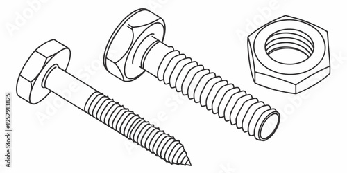 A detailed illustration of a bolt, nut, and washer in a mechanical drawing style