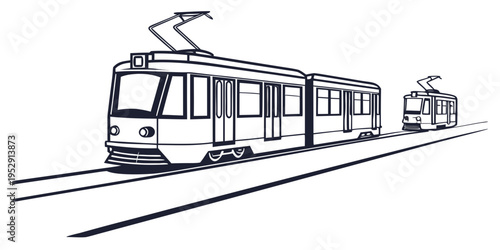 A detailed illustration of a modern tram moving on tracks with another tram in the distance