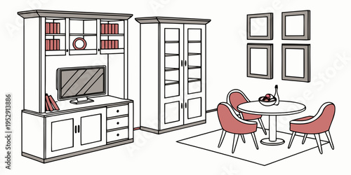 A modern living room with a dining area and a cozy seating arrangement