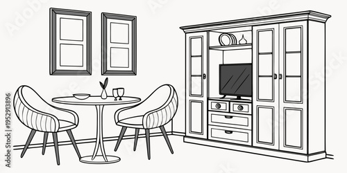 Modern living room with a dining area and entertainment center.