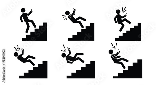 Stick figures falling down stairs while distracted by smartphones