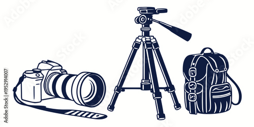 Photography equipment including a camera, tripod, and backpack set up on a plain background