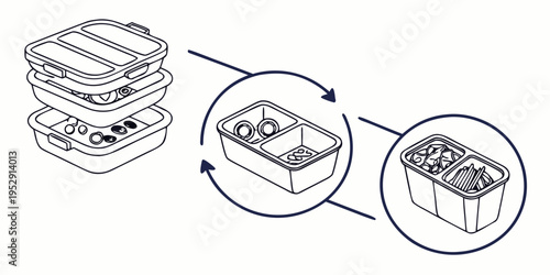 Illustration depicting the process of stacking and organizing trays of food.