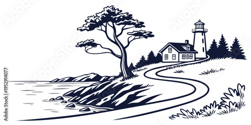 A serene landscape with a winding road leading to a lighthouse by the sea