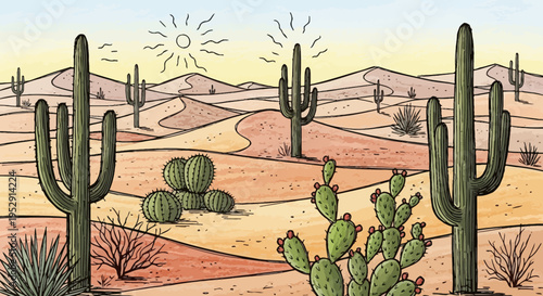 Cartoon Desert Landscape with Saguaro Cacti and Sand Dunes