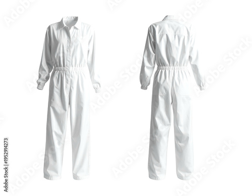 Crisp white utilitarian full-body jumpsuit, front and back views