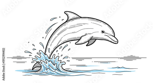 Hand Drawn Illustration of a Jumping Dolphin in Ocean Waves