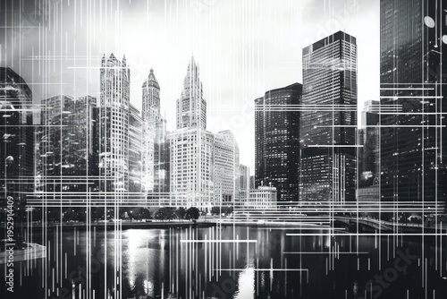 A black and white photo capturing the city skyline