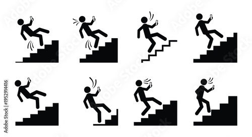 Stick figures falling down stairs while distracted by smartphones