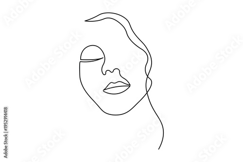 A minimalist continuous one line drawing of a woman's face. This elegant vector illustration features clean black lines on a white background, perfect for modern aesthetic designs and logos.