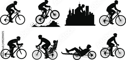 Bicycle rider silhouette icon set featuring mountain biking, road cycling, city commuting, recumbent bike, triathlete, family cycling with child, and racing.