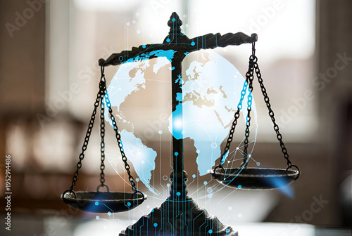 Global digital network overlay on scales of justice symbolizing worldwide legal systems data exchange international law and technology driven governance