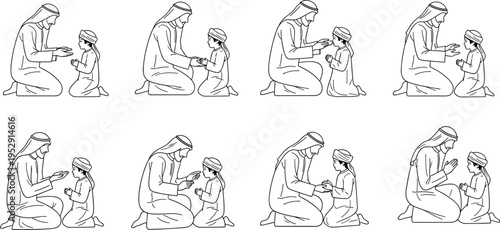 Arab Father Teaching Son Traditional Prayer or Greeting Gestures, Middle Eastern Family Line Art, Islamic Culture and Parenting Vector Illustration.