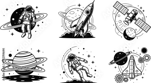Black and White Space Exploration Vector Set Featuring Astronauts Rocket Ships Saturn Planets Satellites and Shuttle Icons for Cosmic Graphic Designs