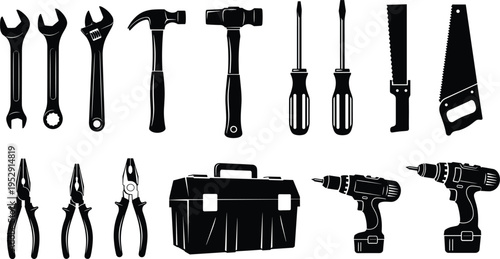 Black and white vector silhouettes of construction hand tools including hammer drill saw wrench screwdriver and toolbox for home repair.