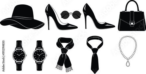 Black Fashion Accessories Silhouette Set Featuring High Heels Handbag Hat Sunglasses Watches Necklaces and Ties for Lifestyle Branding and Graphic Design