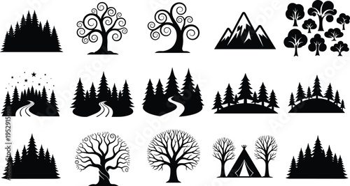 Black forest silhouette set featuring pine trees, mountain peaks, winding paths, camping tents, spiral magical trees, and wilderness nature landscape icons.