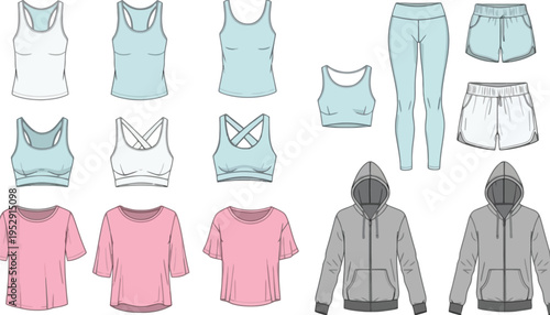 Clothing illustration of various workout and casual wear on a white background
