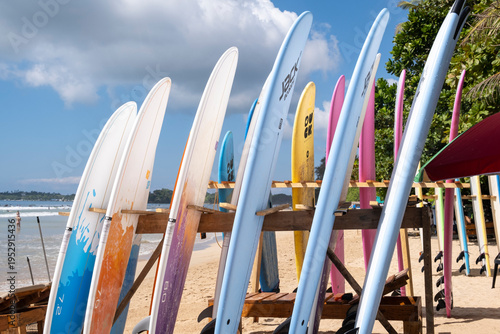 Row of colorful surfboards standing in the sand on a tropical beach in Weligama, Sri Lanka. Indian ocean waves in the background. Summer vacation and surfing lifestyle concept.