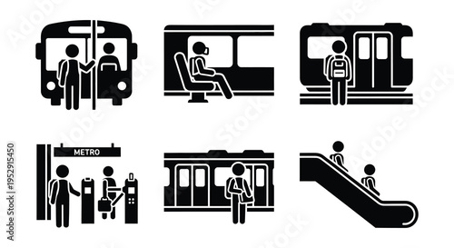 Black and white icons depicting people traveling on a subway system