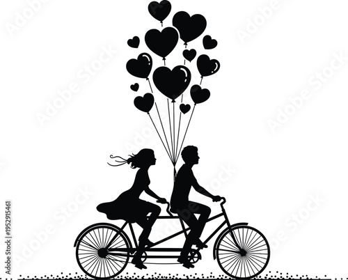 Black silhouette of a romantic couple riding a tandem bicycle with heart shaped balloons, perfect for weddings, anniversaries, and love.
