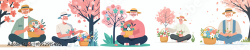 vector of a grandfather sitting with a basket of flowers in spring