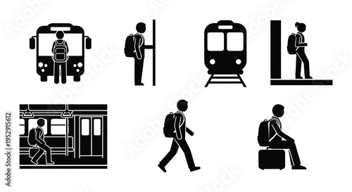 Black and white icons depicting people traveling on a subway system