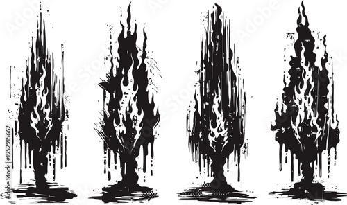 grunge black fire flames set abstract hand drawn blazing silhouettes artistic design elements for tattoo or print