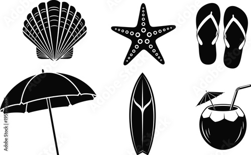 Summer beach icon set vector with seashell, starfish, flip flops, umbrella, surfboard and coconut drink, tropical vacation symbols in minimal silhouette