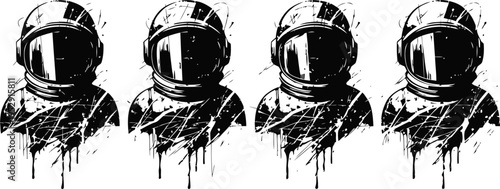 grunge astronaut helmets in black and white with distressed paint splatter effect