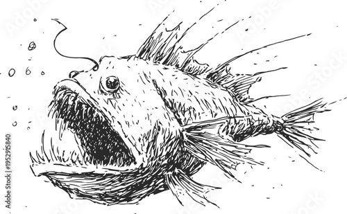 deep sea anglerfish with sharp teeth and bioluminescent lure in open ocean