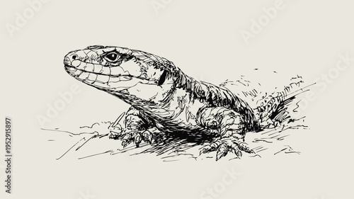 Detailed black and white ink drawing of a lizard resting on the ground with textured scales and claws visible