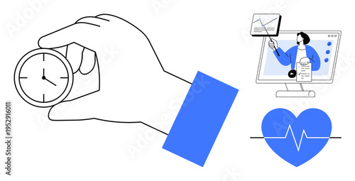 Time management concept. Time management linked to efficiency, productivity, and better health. Time management highlighted alongside online learning and wellness tracking. Great for business