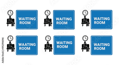 Illustrative waiting room signs depicting a seated person and a clock