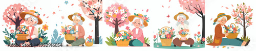 vector of a grandmother sitting with a basket of flowers in spring