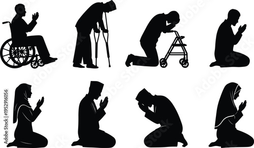 Black silhouettes of disabled and elderly Muslim people praying, including wheelchair users and crutches, for inclusive Islamic religious accessibility design.